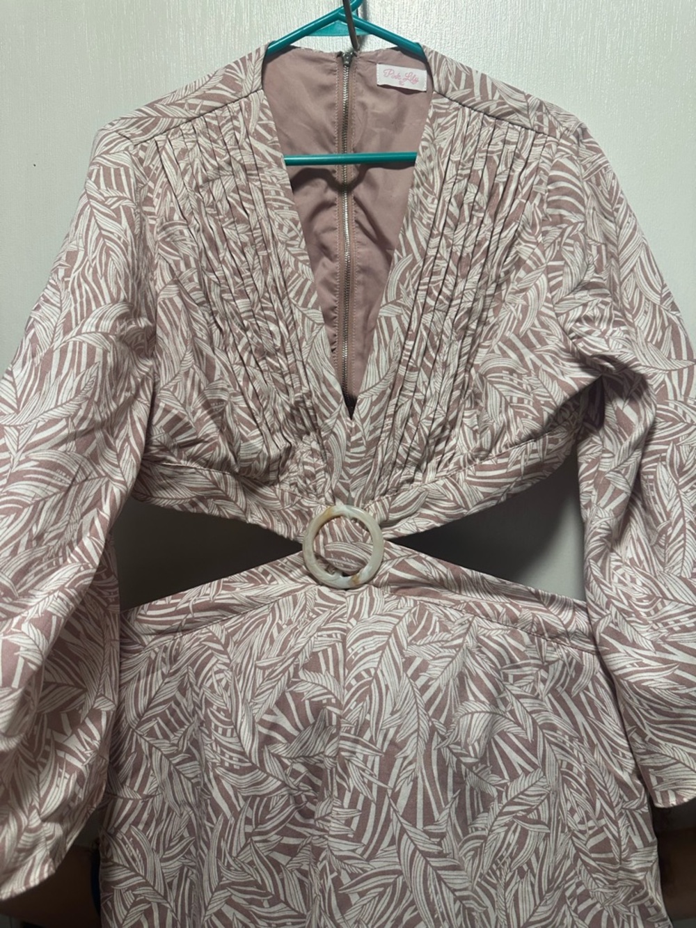 Pink lily Leaf Print Cutout romper  with Ring Detail